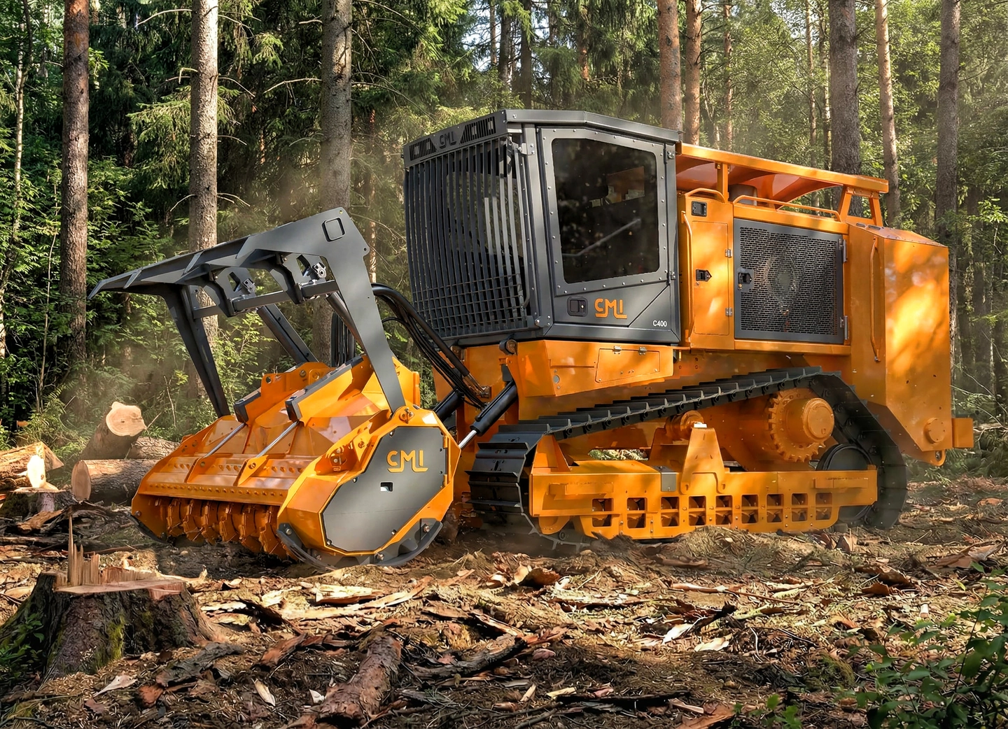 Chenillard forestier CMI C400 équipé pour le broyage